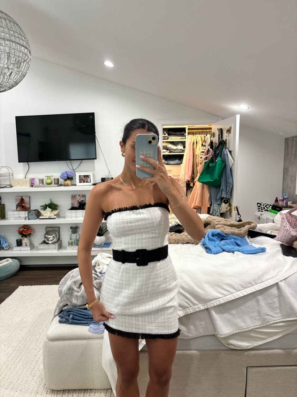Meshki White Strapless Tweed Mini Dress with Black Trim and Belt